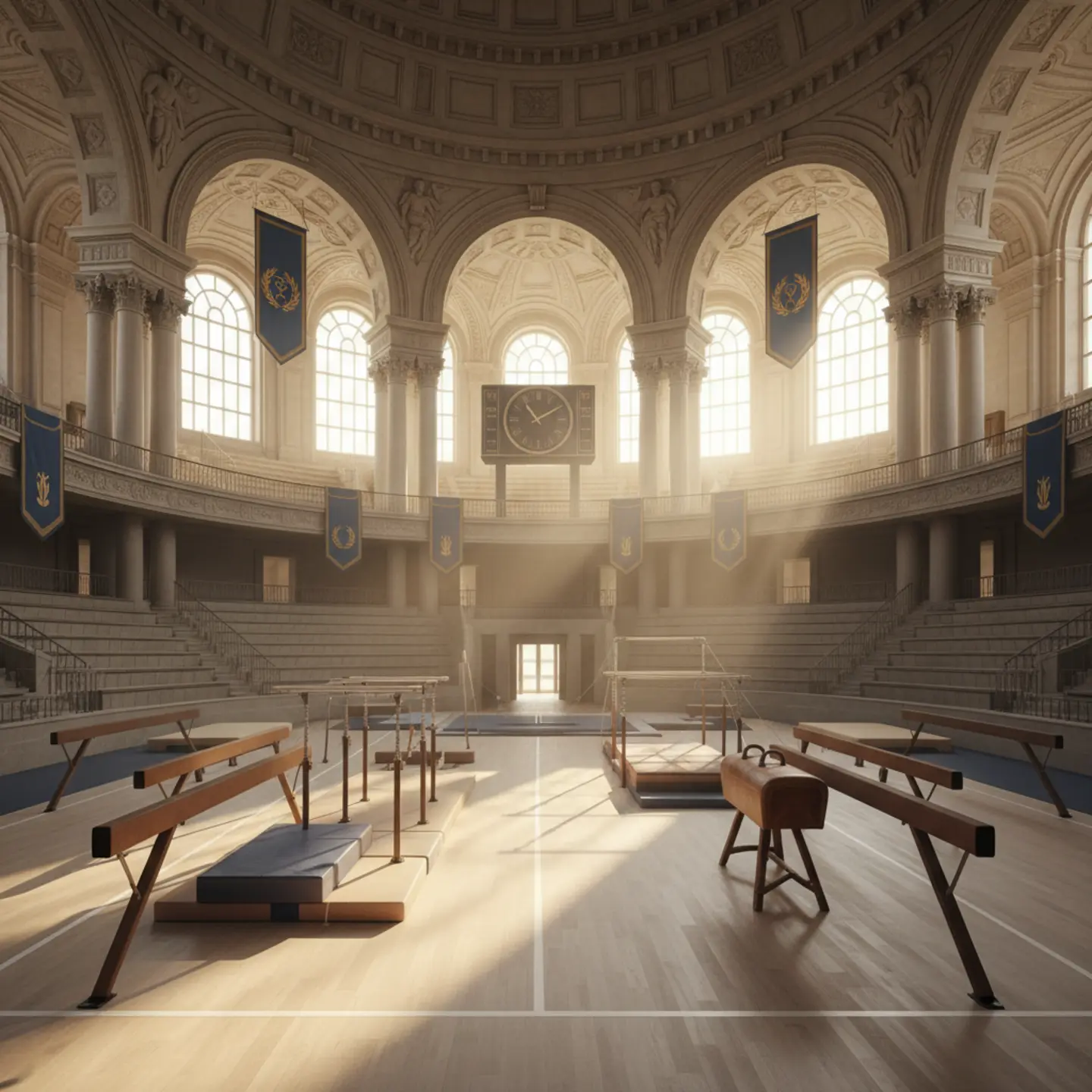 Blick in eine prächtige, sonnendurchflutete Turnarena mit goldenen Verzierungen